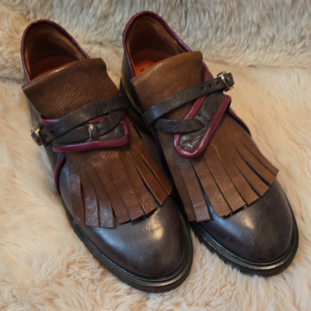 A.S.98 Two-Tone Brown and Burgundy Leather Fringe Loafers